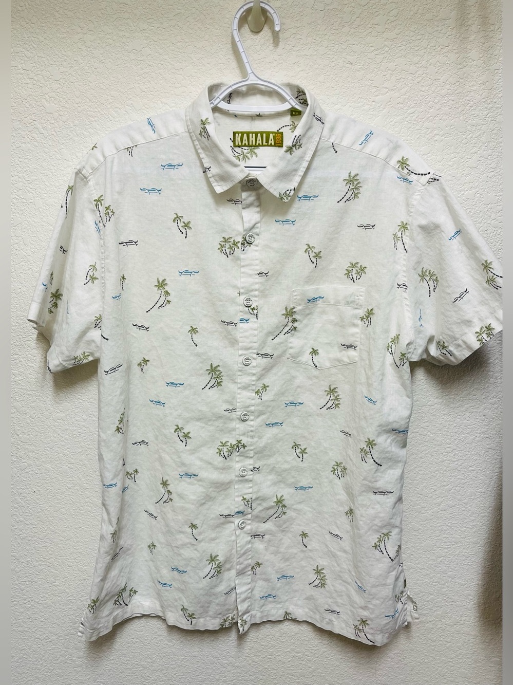 KAHALA White Linen Blend Button Up Short Sleeve Shirt Palm Trees & Canoe Size L